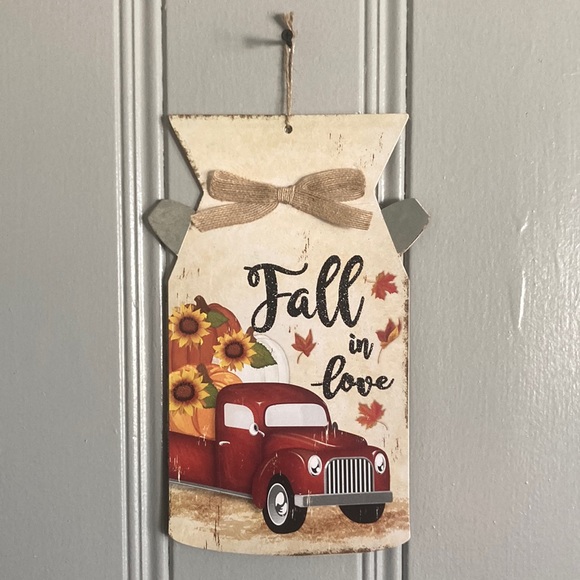 NWT Glittered FALL IN LOVE Harvest Red Farm Truck Wood Milk Jug Decoration Sign - Picture 1 of 17